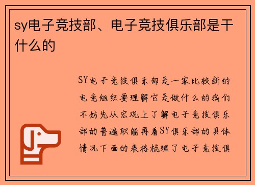 sy电子竞技部、电子竞技俱乐部是干什么的